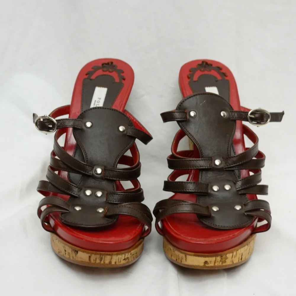 POLLINI Red & Brown Strappy Cork Platform Wedge Sandals, size 37 - Picture 8 of 8